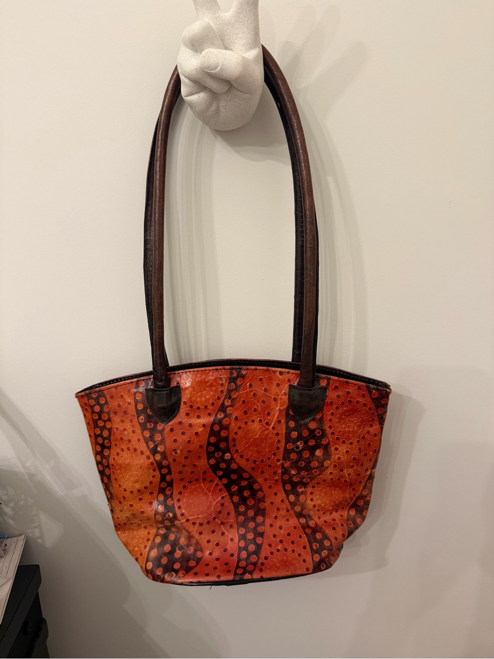 Orange Patterned Tote Bag with Dark Handles